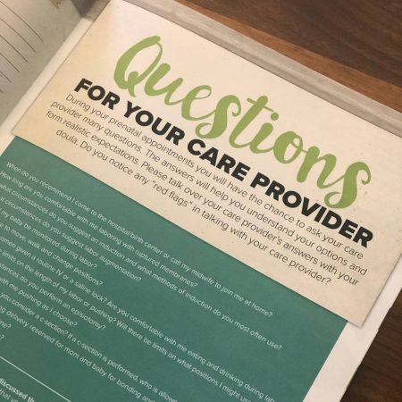 Picture of a page in the client workbook that doulas receive called Questions For Your Care Provider