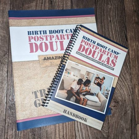 a picture of the postpartum doula handbook and client workbook that they receive when they become a Birth Boot Camp postpartum doula