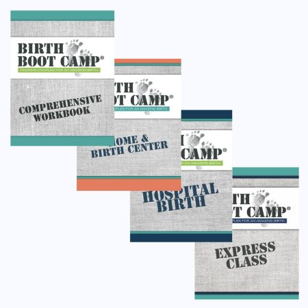 4 workbooks that students receive when taking a Birth Boot Camp class. The Comprehensive student working, the home and birth center class workbook, the hospital class workbook, and the express class workbook