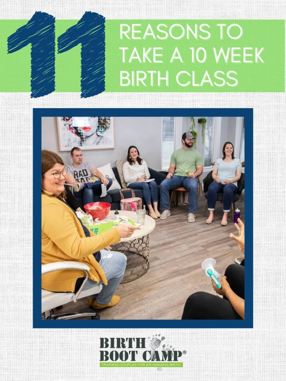 Text: 11 reasons to take a 10 week birth class Image: A room full of expectant couples being taught by a Birth Boot Camp childbirth educator.