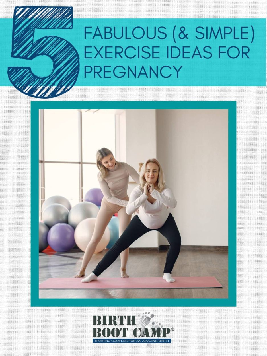 Text: 5 Fabulous & Simple Exercise Ideas for Pregnancy Image: Gym type room with a large open window. Many exercise balls along the floor and a pregnant women is doing a yoga pose with an instructor helping the pregnant women with positioning.