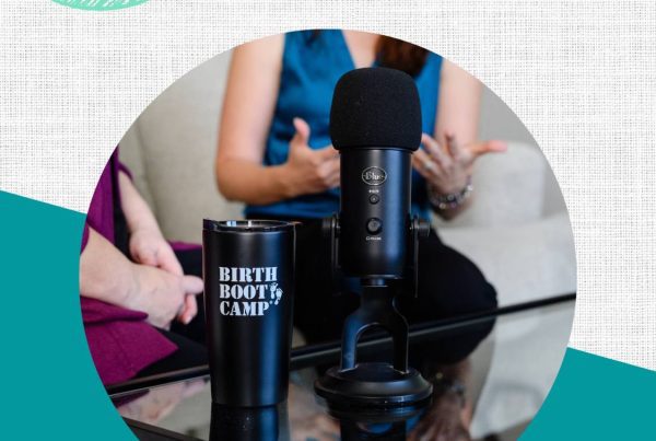 Text: 8 Most Popular Podcast Episodes of 2023. Image: Table with a Podcast Microphone and a Birth Boot Camp tumbler. Women discussing in the background,