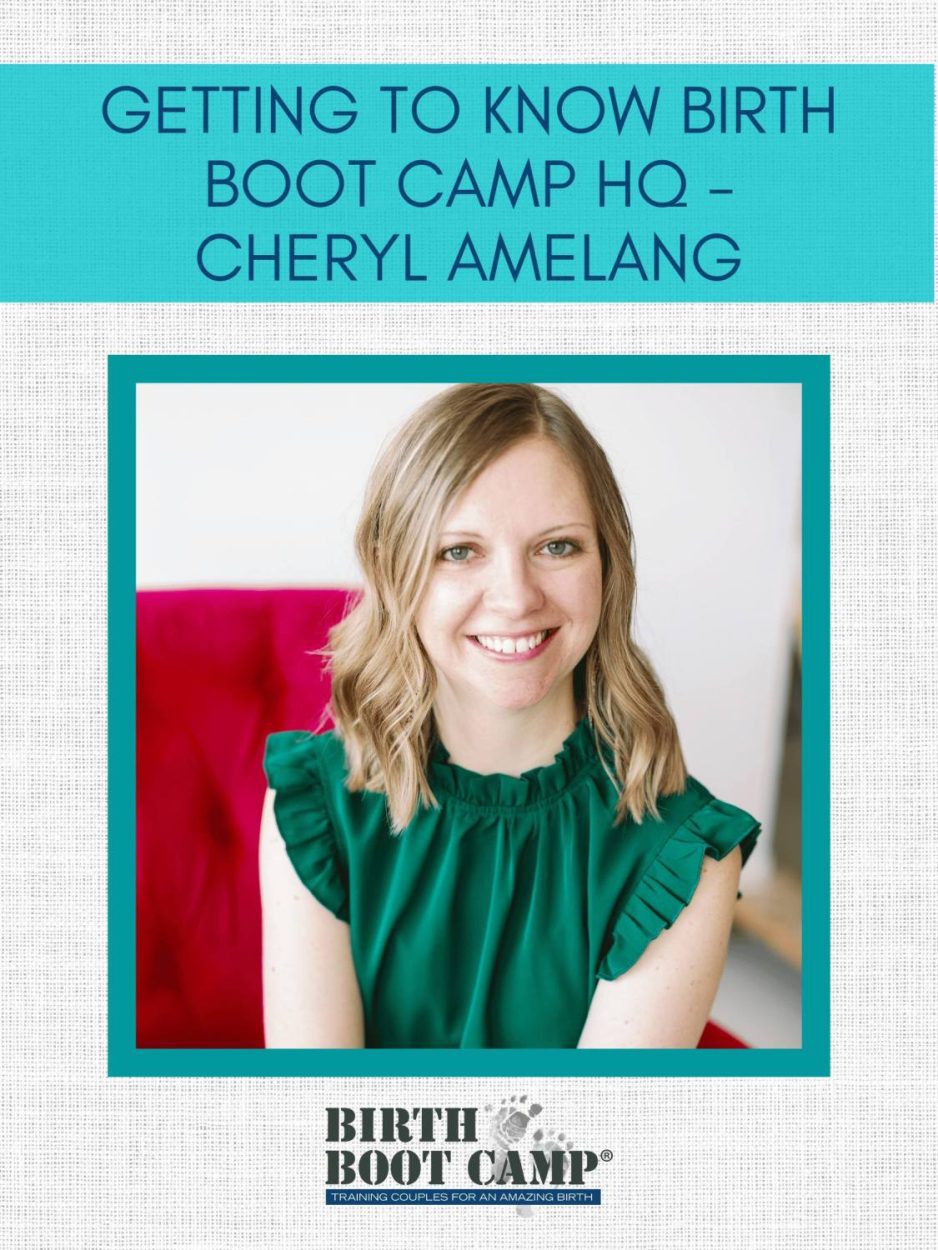 Text: Getting to know birth boot camp HQ - Cheryl Amelang. Image: Photo of Cherly Amelang a petite woman with short blonde wavy hair. She is wearing a cute green shirt with ruffle cap sleeves and high neck line. Sitting on a bright red couch.