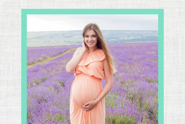 Text: 10 creative mother's day gifts for moms-to-be. Image: Pregnant woman wearing a long peach dress. She is standing in a field of lavender.
