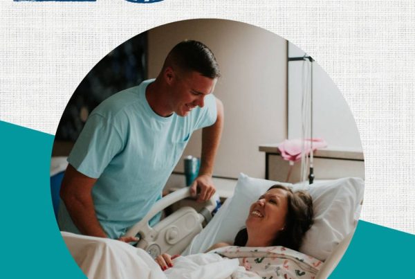 Text: 10 Ways to be the best birth partner. Image of a woman laying in a hospital bed holding a new baby and her partner is standing up next to the bed smiling and looking down at his smiling wife.